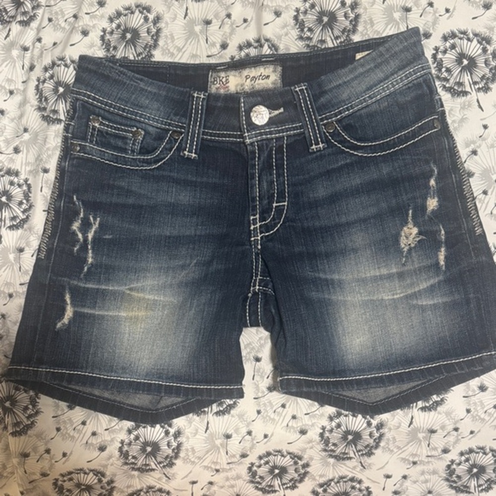 BKE Payton Dark Wash Distressed Denim Shorts - Blue